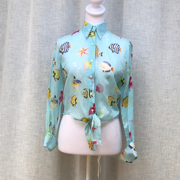 Leggiadro Tops - Leggiadro light blue with fishes button down blouse tie at waist